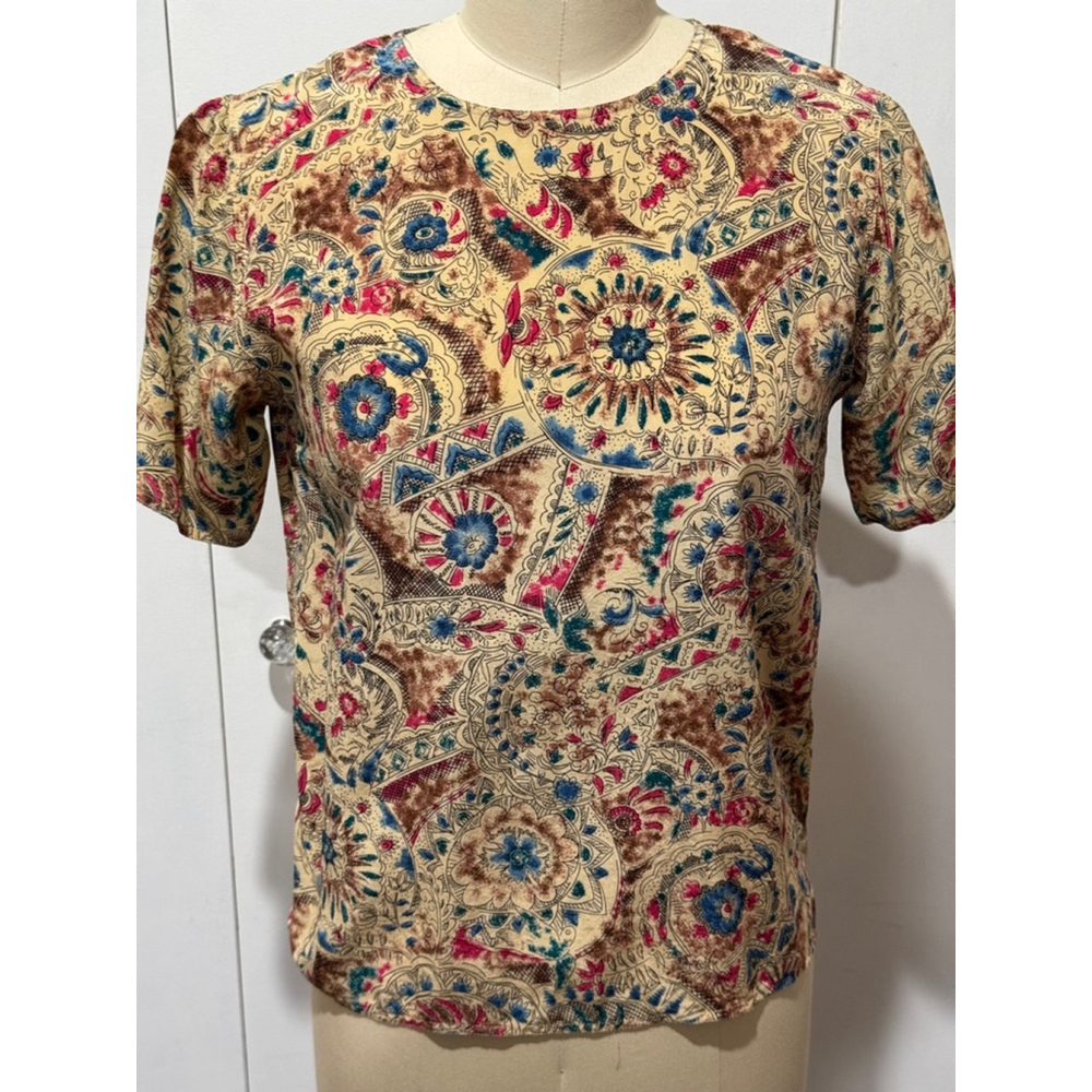 Diversity petite Size S Yellow Multi-color print silk short sleeve blouse
